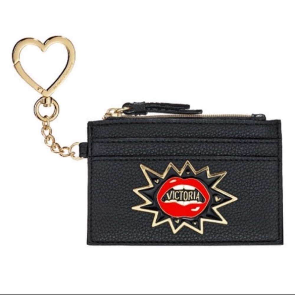 VICTORIA’S SECRET BLACK RED LIPS CREDIT CARD CASE KEYCHAIN WALLET COIN POUCH